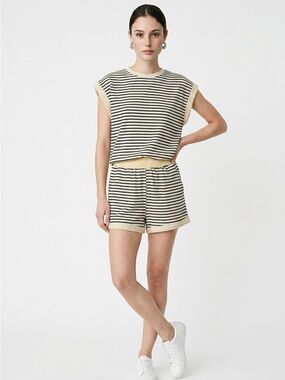 Cream and Black Striped Knit Short Set